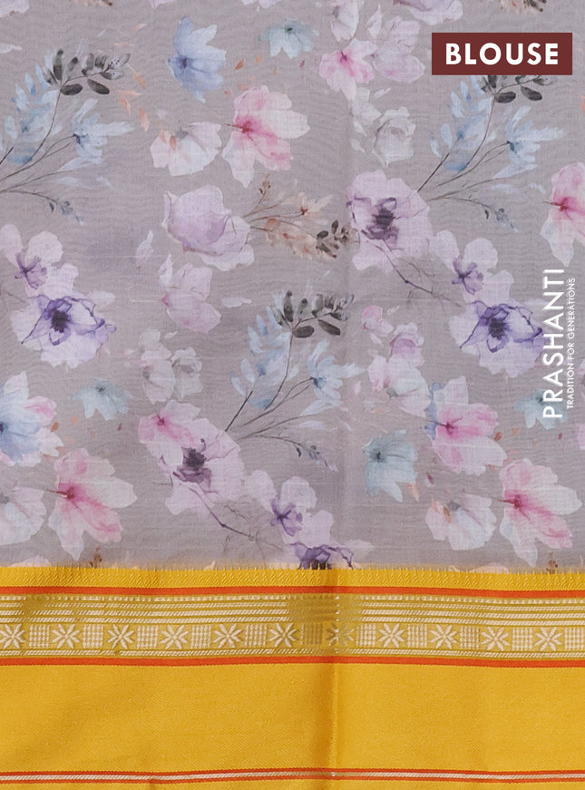 Maheshwari silk cotton saree grey and yellow with floral digital prints and rettapet thread woven border