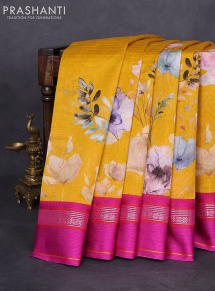 Maheshwari silk cotton saree mustard yellow and pink with floral digital prints and rettapet thread woven border