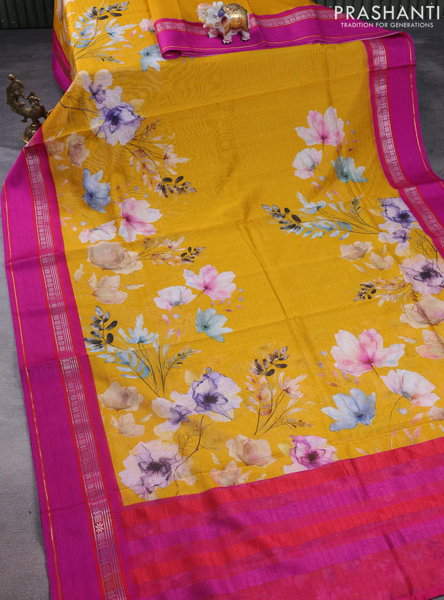 Maheshwari silk cotton saree mustard yellow and pink with floral digital prints and rettapet thread woven border