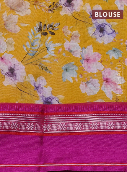 Maheshwari silk cotton saree mustard yellow and pink with floral digital prints and rettapet thread woven border