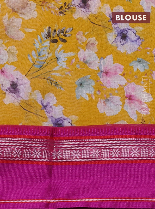 Maheshwari silk cotton saree mustard yellow and pink with floral digital prints and rettapet thread woven border