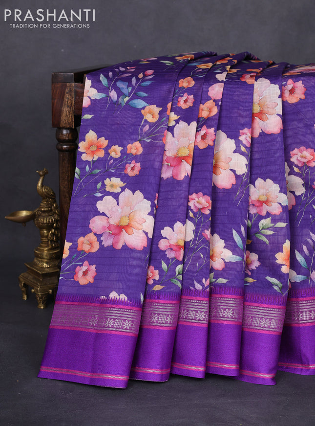 Maheshwari silk cotton saree deep violet and purple with allover floral digital prints and rettapet thread woven border