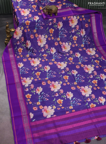 Maheshwari silk cotton saree deep violet and purple with allover floral digital prints and rettapet thread woven border