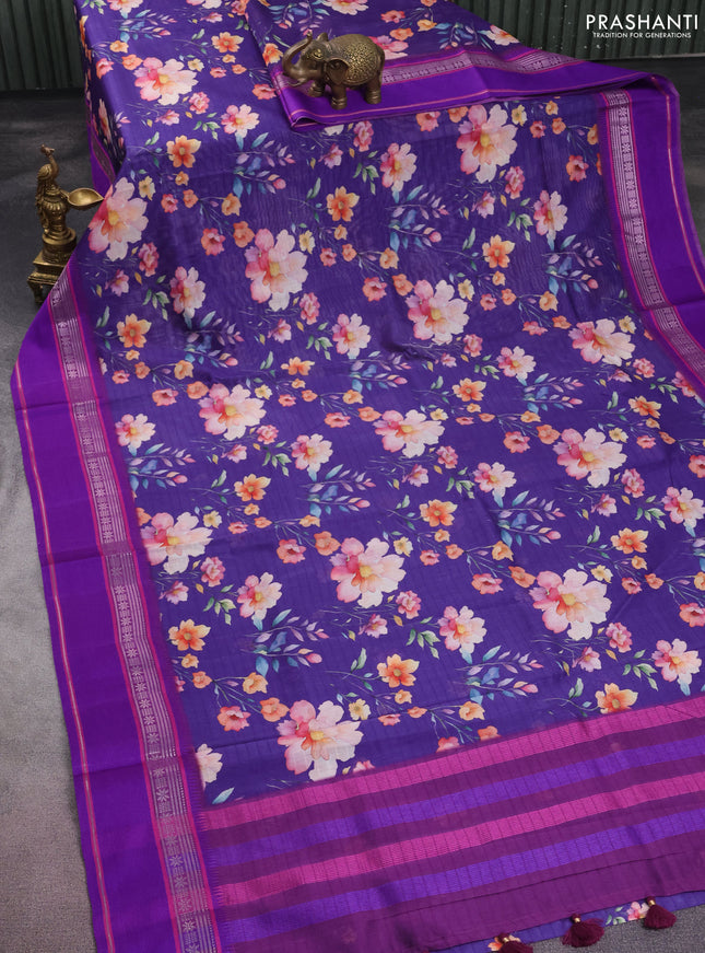 Maheshwari silk cotton saree deep violet and purple with allover floral digital prints and rettapet thread woven border