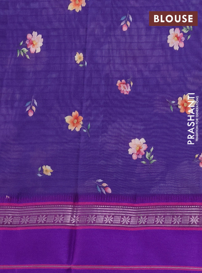 Maheshwari silk cotton saree deep violet and purple with allover floral digital prints and rettapet thread woven border