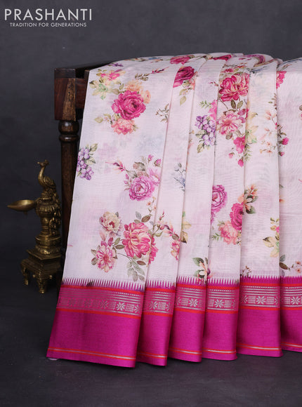 Maheshwari silk cotton saree off white and pink with allover floral digital prints and rettapet thread woven border