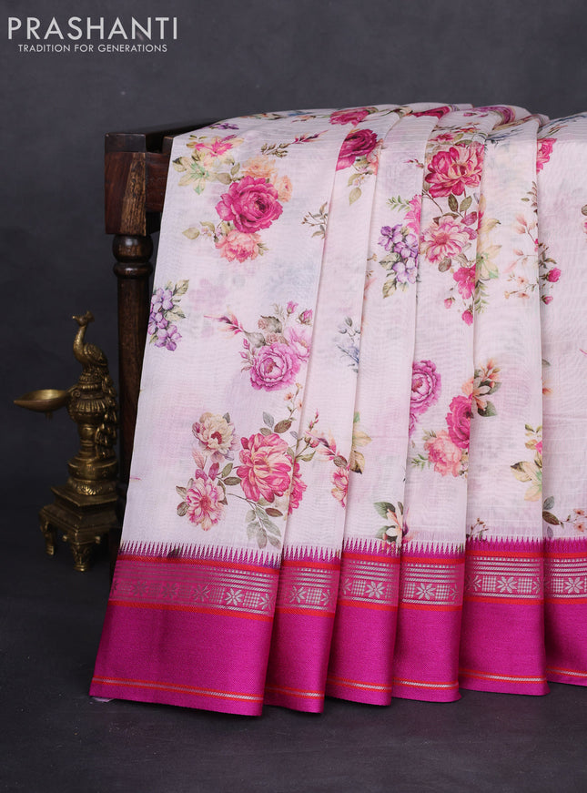 Maheshwari silk cotton saree off white and pink with allover floral digital prints and rettapet thread woven border