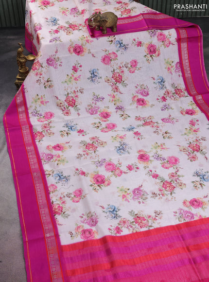 Maheshwari silk cotton saree off white and pink with allover floral digital prints and rettapet thread woven border