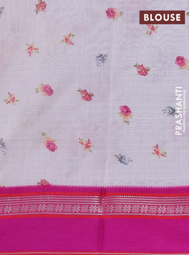 Maheshwari silk cotton saree off white and pink with allover floral digital prints and rettapet thread woven border