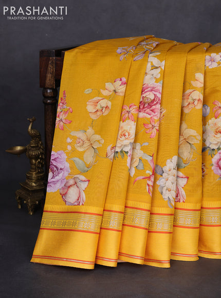 Maheshwari silk cotton saree mustard yellow and yellow with allover floral digital prints and rettapet thread woven border