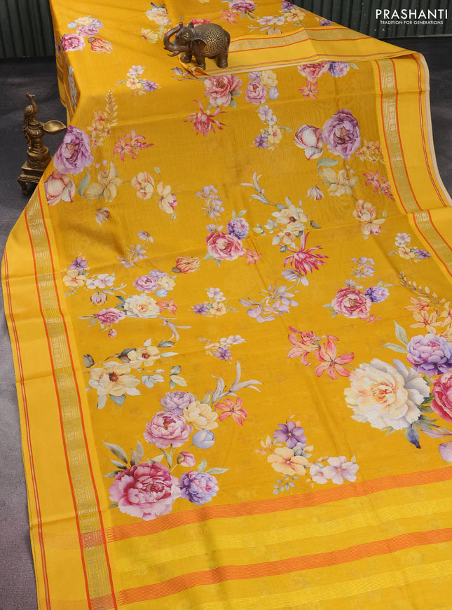 Maheshwari silk cotton saree mustard yellow and yellow with allover floral digital prints and rettapet thread woven border