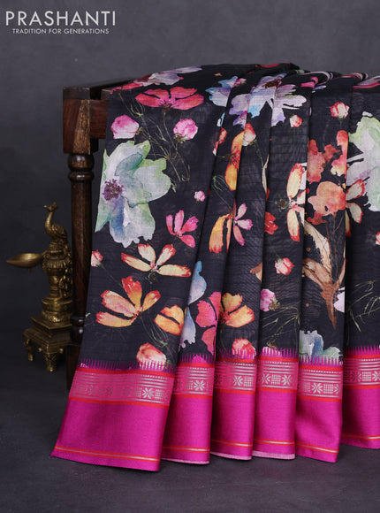 Maheshwari silk cotton saree black and pink with allover floral digital prints and rettapet thread woven border