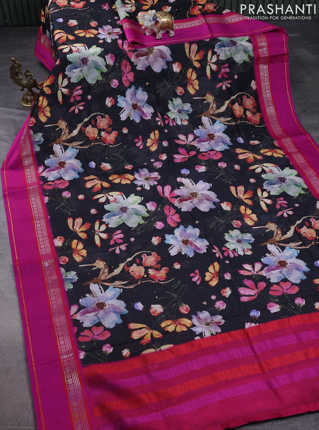 Maheshwari silk cotton saree black and pink with allover floral digital prints and rettapet thread woven border