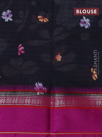 Maheshwari silk cotton saree black and pink with allover floral digital prints and rettapet thread woven border