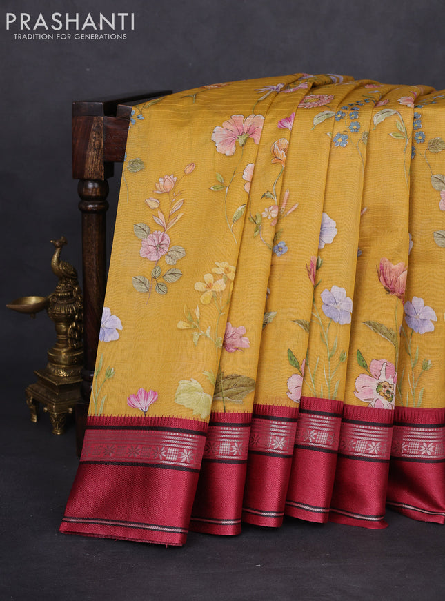 Maheshwari silk cotton saree mustard yellow and maroon with allover floral digital prints and rettapet thread woven border