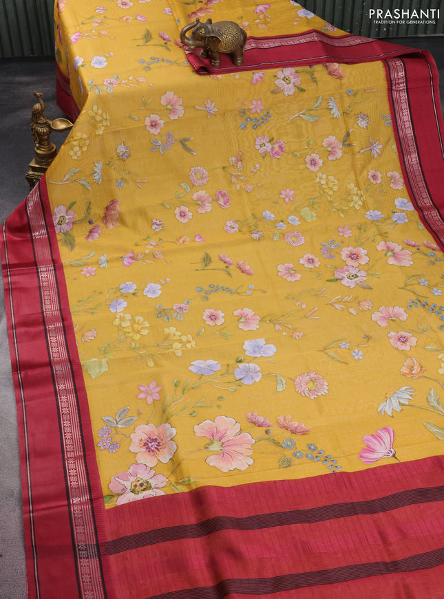 Maheshwari silk cotton saree mustard yellow and maroon with allover floral digital prints and rettapet thread woven border