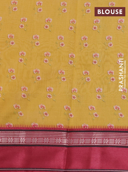 Maheshwari silk cotton saree mustard yellow and maroon with allover floral digital prints and rettapet thread woven border
