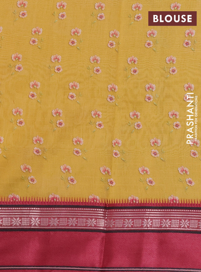 Maheshwari silk cotton saree mustard yellow and maroon with allover floral digital prints and rettapet thread woven border