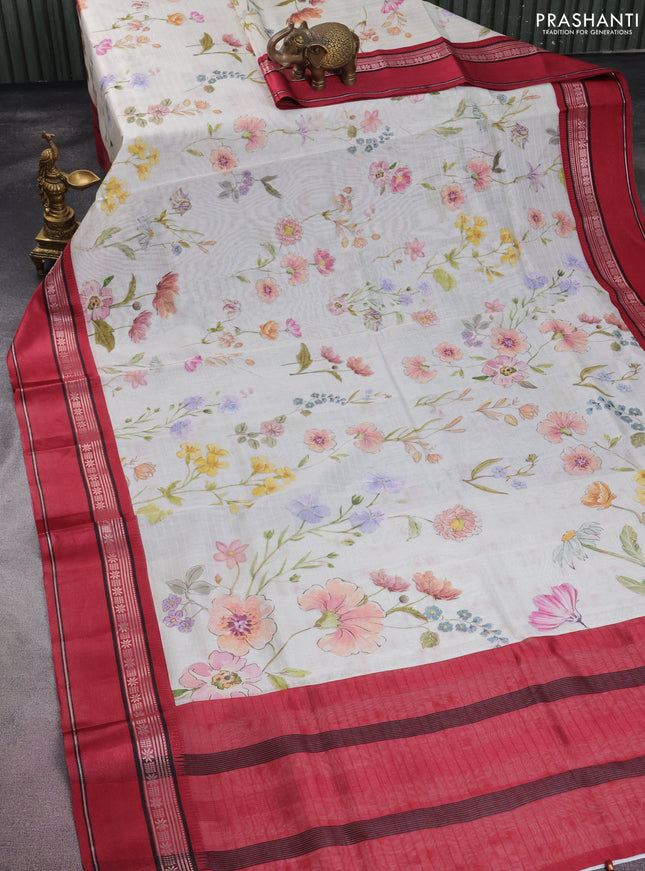 Maheshwari silk cotton saree off white and maroon with allover floral digital prints and rettapet thread woven border