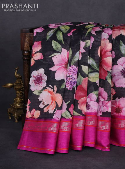 Maheshwari silk cotton saree black and pink with allover floral digital prints and rettapet thread woven border