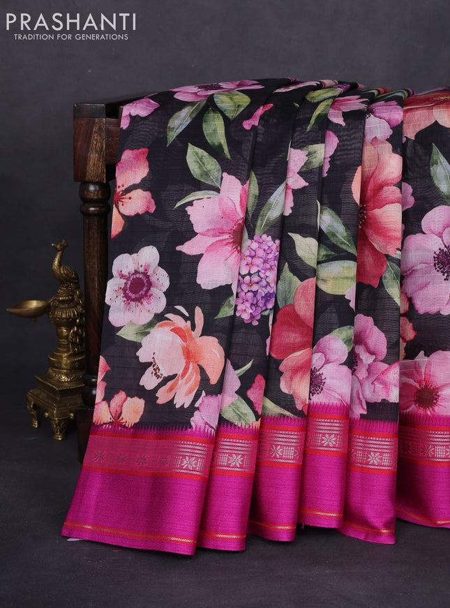 Maheshwari silk cotton saree black and pink with allover floral digital prints and rettapet thread woven border