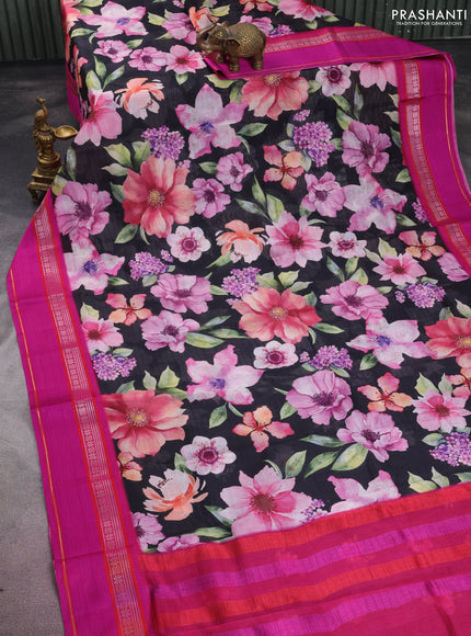 Maheshwari silk cotton saree black and pink with allover floral digital prints and rettapet thread woven border