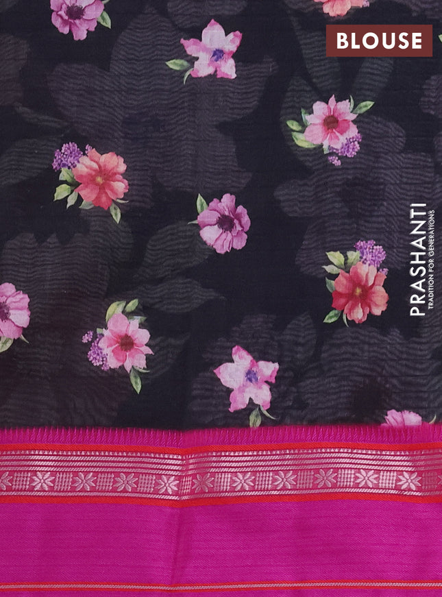 Maheshwari silk cotton saree black and pink with allover floral digital prints and rettapet thread woven border