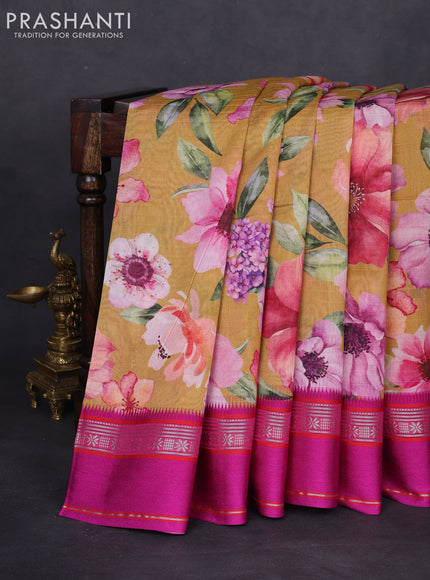 Maheshwari silk cotton saree mustard yellow and pink with allover floral digital prints and rettapet thread woven border