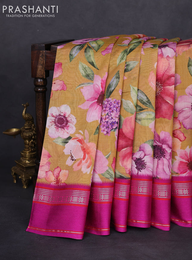 Maheshwari silk cotton saree mustard yellow and pink with allover floral digital prints and rettapet thread woven border