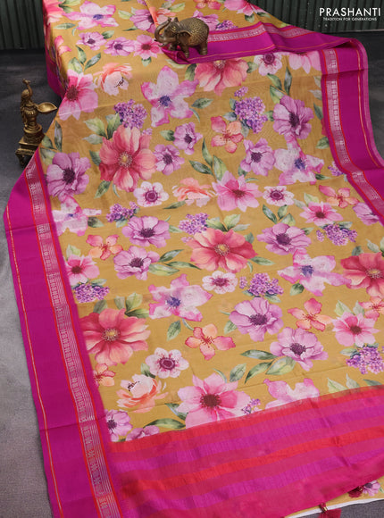 Maheshwari silk cotton saree mustard yellow and pink with allover floral digital prints and rettapet thread woven border