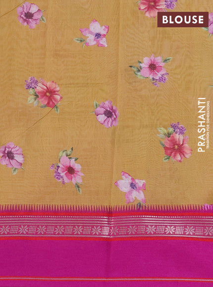 Maheshwari silk cotton saree mustard yellow and pink with allover floral digital prints and rettapet thread woven border
