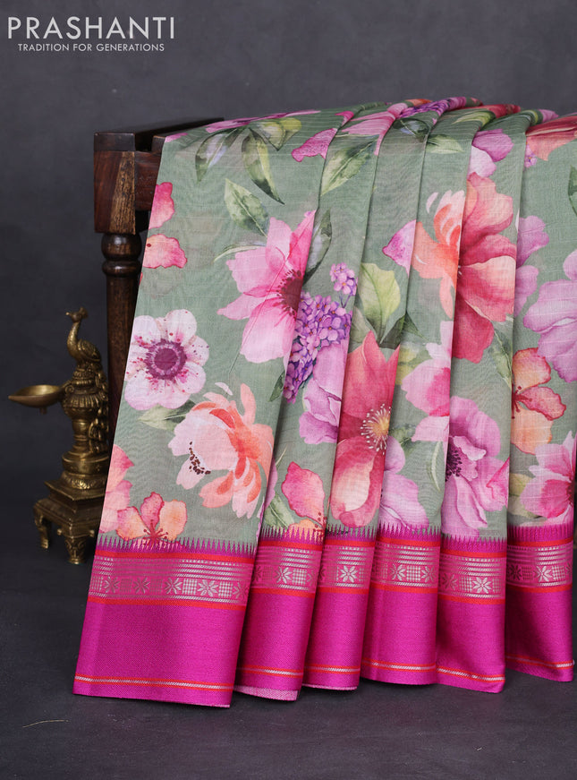 Maheshwari silk cotton saree pastel green and pink with allover floral digital prints and rettapet thread woven border