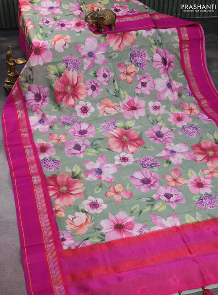 Maheshwari silk cotton saree pastel green and pink with allover floral digital prints and rettapet thread woven border