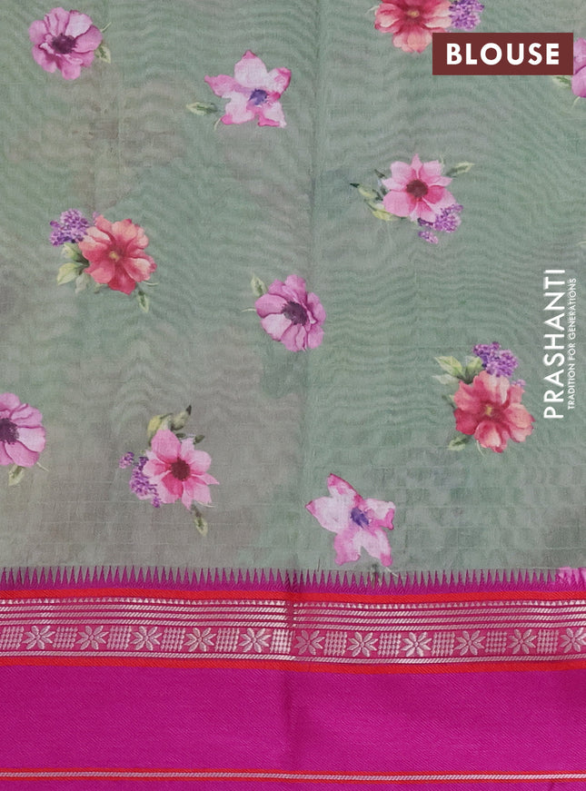 Maheshwari silk cotton saree pastel green and pink with allover floral digital prints and rettapet thread woven border