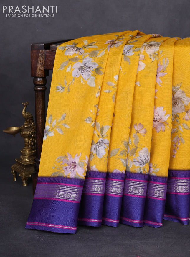Maheshwari silk cotton saree yellow and violet with allover floral digital prints and rettapet thread woven border