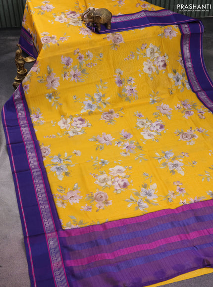 Maheshwari silk cotton saree yellow and violet with allover floral digital prints and rettapet thread woven border