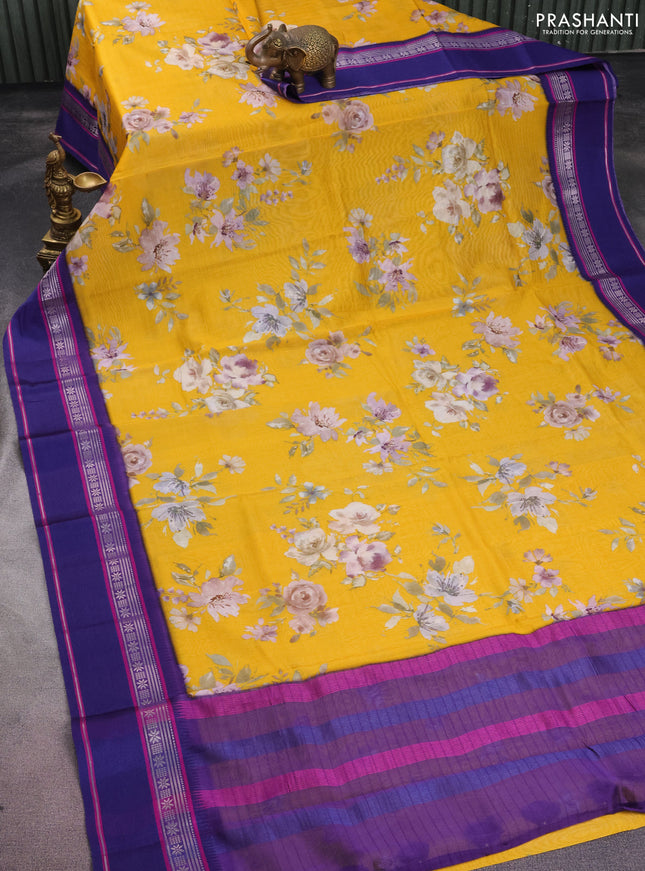 Maheshwari silk cotton saree yellow and violet with allover floral digital prints and rettapet thread woven border