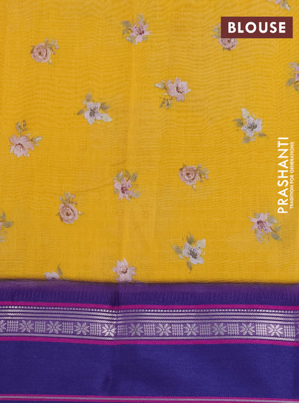 Maheshwari silk cotton saree yellow and violet with allover floral digital prints and rettapet thread woven border