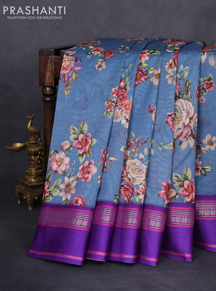 Maheshwari silk cotton saree peacock blue and purple with allover floral digital prints and rettapet thread woven border