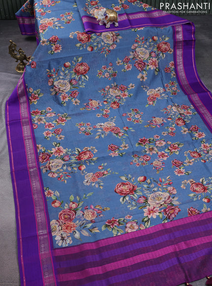 Maheshwari silk cotton saree peacock blue and purple with allover floral digital prints and rettapet thread woven border