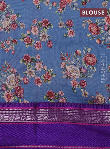 Maheshwari silk cotton saree peacock blue and purple with allover floral digital prints and rettapet thread woven border
