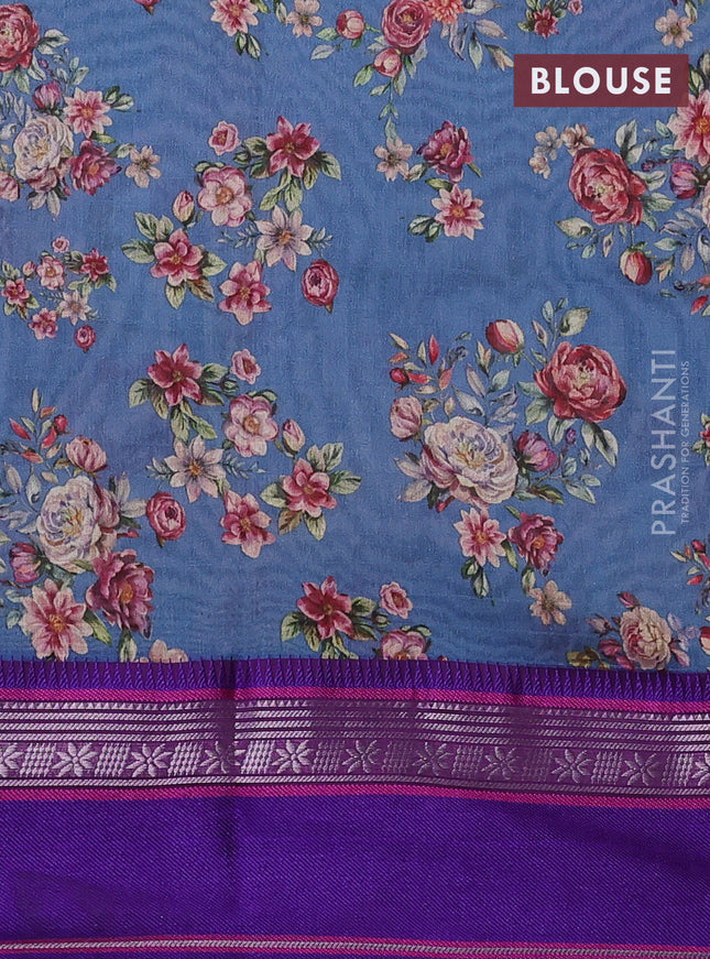 Maheshwari silk cotton saree peacock blue and purple with allover floral digital prints and rettapet thread woven border