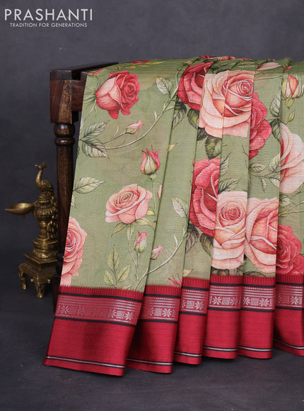 Maheshwari silk cotton saree green and maroon with allover floral digital prints and rettapet thread woven border