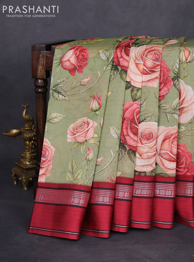 Maheshwari silk cotton saree green and maroon with allover floral digital prints and rettapet thread woven border