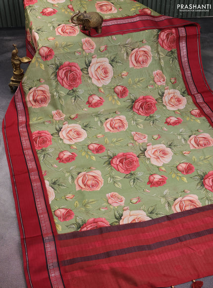 Maheshwari silk cotton saree green and maroon with allover floral digital prints and rettapet thread woven border