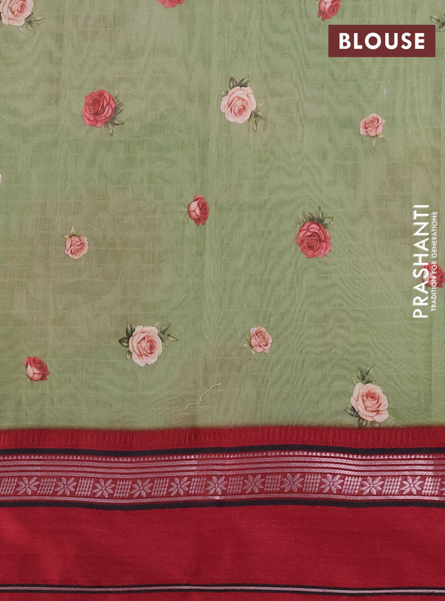 Maheshwari silk cotton saree green and maroon with allover floral digital prints and rettapet thread woven border
