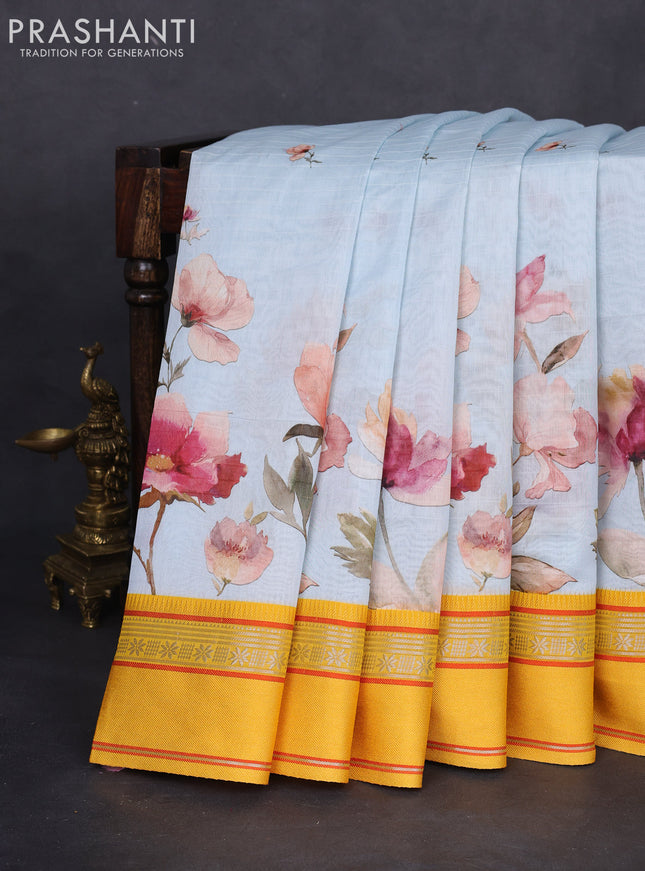Maheshwari silk cotton saree light blue and yellow with allover floral digital butta prints and rettapet thread woven border