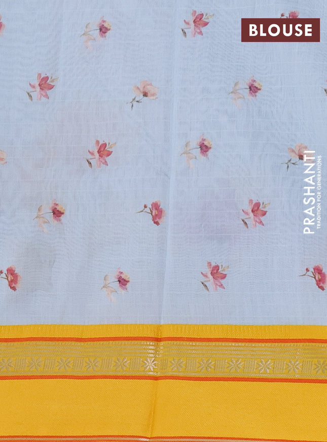 Maheshwari silk cotton saree light blue and yellow with allover floral digital butta prints and rettapet thread woven border