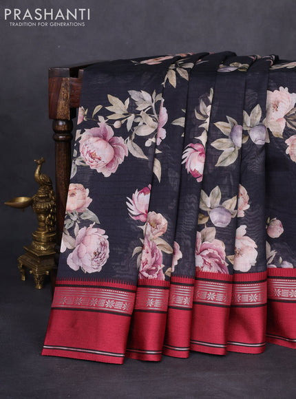 Maheshwari silk cotton saree black and maroon with allover floral digital prints and rettapet thread woven border