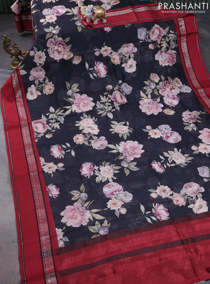 Maheshwari silk cotton saree black and maroon with allover floral digital prints and rettapet thread woven border
